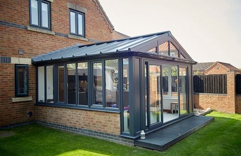 Solid conservatory roofs | Up to 30% off Hybrid conservatory roof | EYG Conservatory Office Ideas, Conservatory Office, Small Conservatory, Small House Extensions, Extension Veranda, Lean To Conservatory, Modern Conservatory, Conservatory Extension, Orangery Extension