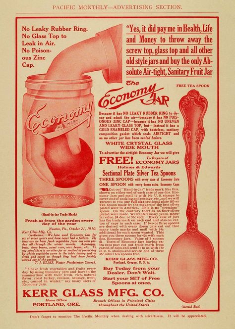 The history of the Kerr Glass Manufacturing Corporation dates to 1903 when Alexander H. Kerr established a home-canning supplies business. The company, with offices in Portland, Oregon, was called the Hermetic Fruit Jar Company. Kerr Glass owned and operated seven glass plants in various locations throughout the United States by 1975. Its products were sold nationally by employees of the company from its twenty-seven sales offices. Kerr Jars, Fruit Jars, Antique Logo, Ball Canning Jars, Canning Kitchen, Fruit Jar, Canning Supplies, Love Jar, Ball Jar