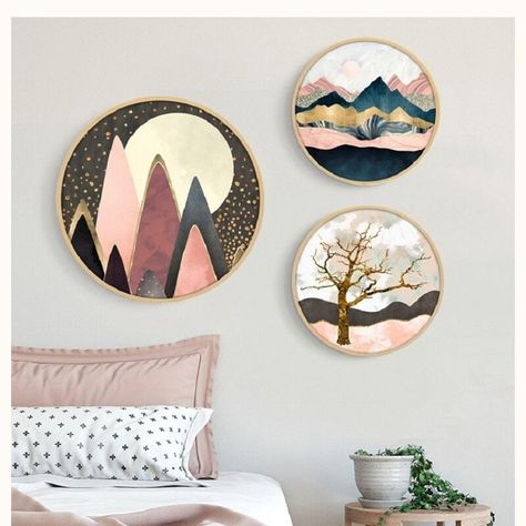 Posters Painting, Minimalistic Posters, Round Wall Art Decor, Circle Canvas, Circle Painting, Wood Slice Art, Nature Watercolor, Nordic Scandinavian, Space Wall Art