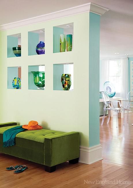 wall decorating with glass vases Wall Cutout Ideas, Wall Cut Outs, Wall Cutout, Colorful Homes, Light Wooden Floor, Glass Vase Decor, Green Couch, Wall Decorating, House Of Turquoise