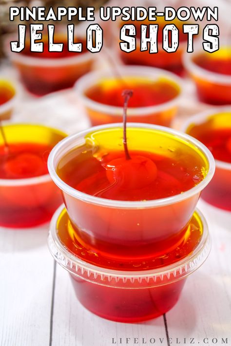 These pineapple upside-down jello shots are a take on traditional pineapple upside down cakes. They're perfect for any party or get together! Tequila Sunrise Jello Shots Recipes, Color Party Food Ideas Red, Tequila Sunrise Jello Shots, Color Party Ideas For Adults Orange, Cherry Limeade Jello Shots, Orange Snacks For Color Party, Orange Foods For Color Party, Jello Shots Tequila, Food In 5 Minutes