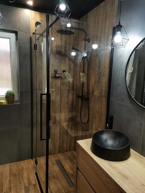 Charcoal And Wood Bathroom, Bathroom Two Tone, Bathroom Inspo Interior Design, Bathroom Interior Design Modern, Minimalist Bathroom Design, Bathroom Design Black, Full Bathroom Remodel, Bathroom Design Layout, Bathroom Design Inspiration