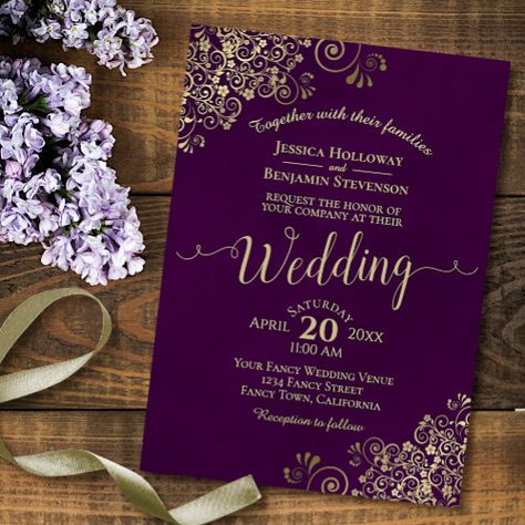 $2.75 | Plum Purple Elegant Gold Lace Calligraphy Wedding #wedding, elegant marbled background, lush luxurious glamorous style, lacy script calligraphy, faux foil floral filigree, fancy ornate curls and swirls, classy stylish sophisticated and chic, simple yet beautiful, deep romantic colors, plum purple and gold Plum Wedding Invitations, Deep Romantic, Marbled Background, Purple And Gold Wedding, Plum Wedding, Green Wedding Colors, Floral Filigree, Script Calligraphy, Gold Calligraphy