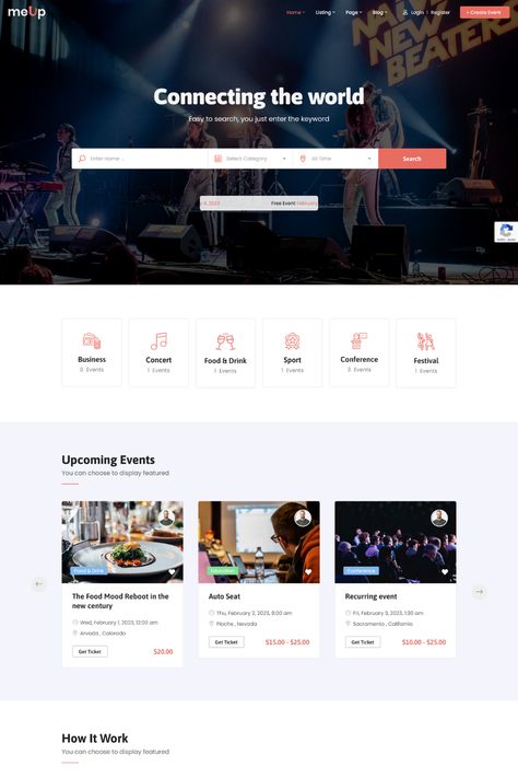 Meup is a robust and user-friendly marketplace events WordPress theme designed for creating a platform for buying and selling tickets for various events. With its modern and attractive design, Meup is sure to impress both event organizers and attendees. It features a built-in ticketing system, customizable event listings, and a user-friendly interface, making it easy for users to find and purchase tickets for their desired events. Upcoming Events Website Design, List Website, E Ticket, Event Registration, Website Mockup, Booking Website, Event Website, Event Template, Booking Sites
