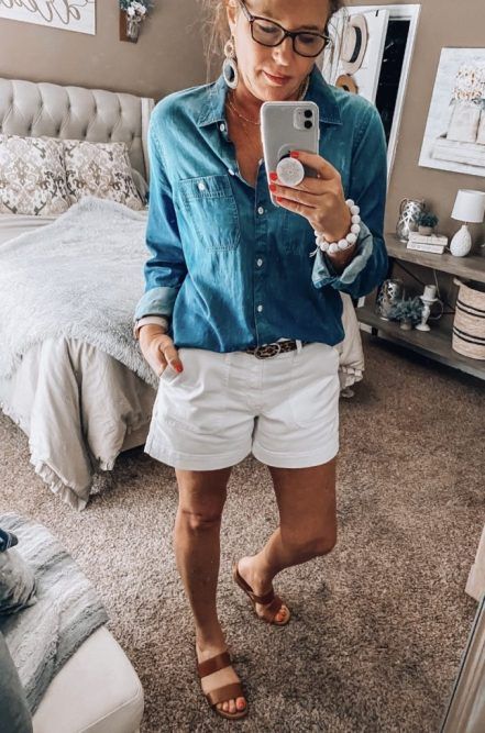 Denim Shirt Outfit Summer, White Shorts Outfit Summer, White Shorts Outfit, Denim Shirt Outfit, Beachy Dresses, Classic Clothes, B And B, Linen Joggers, Inspiration For Women