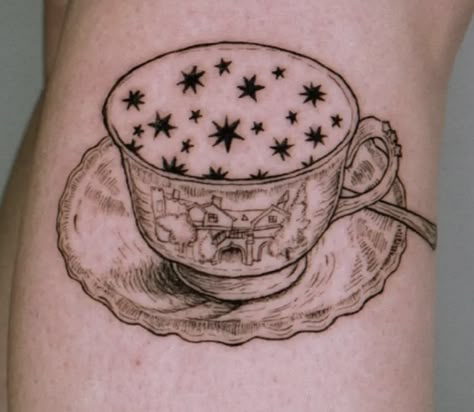 Cup Of Stars Hill House Tattoo, Chocolate Milk Tattoo, Semi Matching Tattoos, Cup Of Stars Tattoo, Whimsigothic Tattoo, Whimsigoth Tattoo Ideas, Whimsy Goth Tattoo, Trinket Tattoo, Marie Antoinette Tattoo