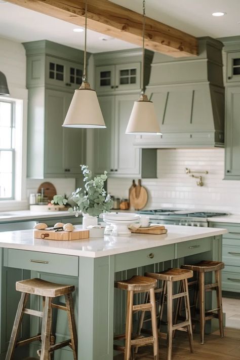 50+ Serene Kitchens with Sage Green Cabinets Light Grey Countertops, Sage Green Cabinets, Gray Kitchen Countertops, Kitchen Cabinet Color Schemes, Green Kitchens, Diy Kitchen Cabinets Painting, Kitchen Vibes, Green Kitchen Designs, Vintage Kitchen Cabinets