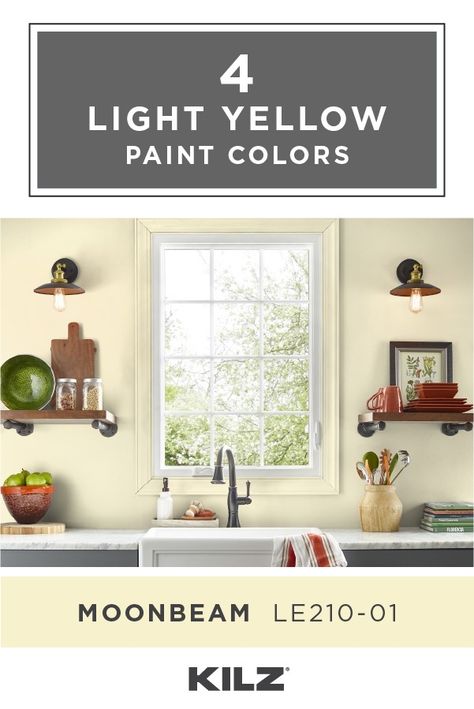 Pastels are back and better than ever. Add a hint of color to your walls with this collection of light yellow paint colors from KILZ COMPLETE COATⓇ Paint & Primer In One. Whether it’s your kitchen, a kids’ bedroom, a bathroom, or a front entryway, there are plenty of ways to use these cheery hues in your home. Click below for full color details to learn more. Pastel Yellow Kitchen Walls, Best Yellow Paint Colors Kitchen, Best Pale Yellow Paint Color, Light Yellow Kitchen Walls, Pale Yellow Bedroom Walls, Pale Yellow Kitchen Walls, Creamy Yellow Paint Colors, Pale Yellow Paint Colors, Pastel Yellow Walls