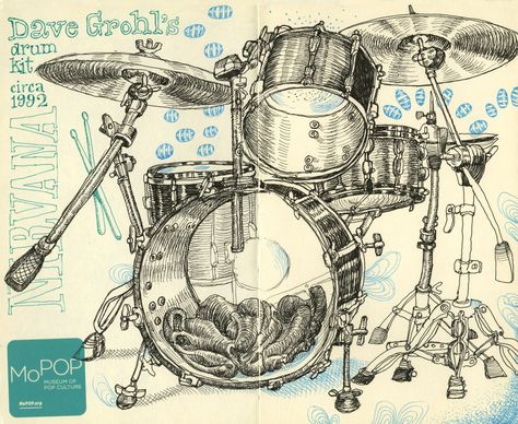 Dave Grohl Drums, Drum Drawing, Funky Music, Travel Journals, Drum Kit, Dave Grohl, Drum Set, Book Art Drawings, Sketchbook Art Inspiration