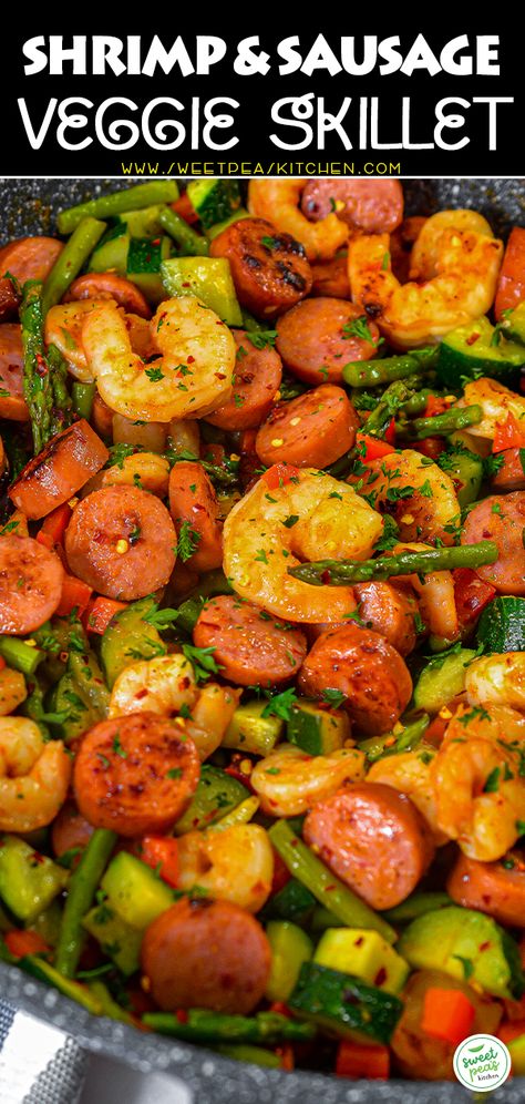 Shrimp Sausage And Broccoli Recipes, Smoked Sausage And Shrimp Recipes, Shrimp And Sausage Recipes, Sausage Veggie Skillet, Sausage And Shrimp Recipes, Squash Medley, Sausage Stir Fry, Shrimp Zucchini, Veggie Skillet