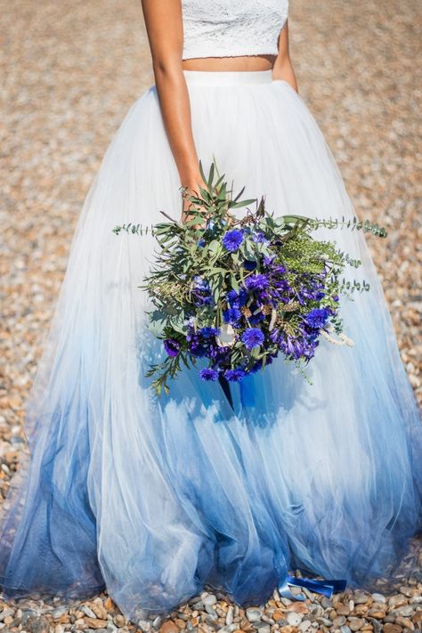 Boho Beach Wedding with Ombre Dress and Blue Wedding Cake  #bridal #beach #watercolour #blue #weddingstyling #alternativewedding #bluewedding #weddinginspo #bouquet #weddingdress #groom #weddinghair #stationary #weddingcake #tulle Wedding Dress Ombre, Dip Dye Wedding Dress, Wedding Cake Boho, Dye Wedding Dress, Cake Boho, Peacock Wedding Cake, Ombre Wedding Dress, Wedding Dress Blue, Blue Wedding Cake