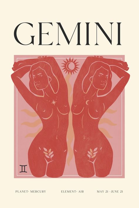 Gemini Illustration Art, Gemini Party, Gemini Artwork, Gemini Goddess, Gemini Poster, Gemini Szn, Gemini Print, Gemini Aesthetic, 2024 Illustration