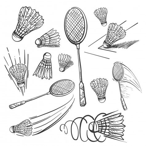 Hand drawn badminton icon set Premium Vector | Premium Vector #Freepik #vector #texture #icon #hand #sport Badminton Racket Drawing Sketch, Badminton Shuttlecock Drawing, How To Draw Badminton, Badminton Aesthetic Drawing, Badminton Drawing Sketch, Badminton Court Drawing, Badminton Racket Drawing, Badminton Doodle, Shuttlecock Drawing