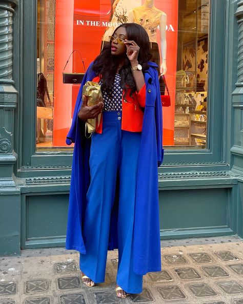 Blue And Orange Outfit, Cobalt Blue Outfit, Blue Wide Leg Pants, Orange Outfit, Blue Outfit, Blue And Orange, Spring Style, Cobalt Blue, Leg Pants