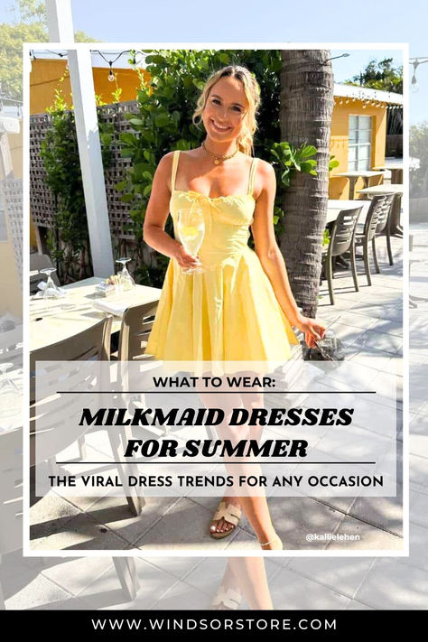 Embrace the viral trend of milkmaid dresses this summer. Our latest blog walks you through what a milkmaid dress looks like and how the trend start. Our expert stylists also curated a must-have list of the best in sundresses that feature elegant corset bodices and breezy A-line skirts. Perfect for sunny days and warm evenings, these dresses combine trending style with timeless appeal. #milkmaidress Milkmaid Dresses, Elegant Corset, The Milkmaid, Milk Maid, Milkmaid Dress, Dresses For Summer, Trendy Crop Tops, Maid Dress, Viral Trend