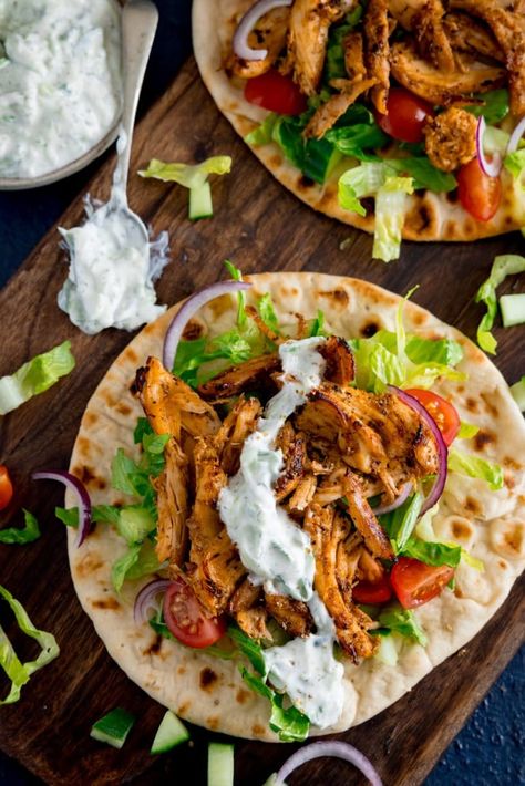 Delicious Greek-inspired flavours in this Easy Gyros recipe. I'll show you my hack to get loads of flavour, without the need to marinate, using rotisserie chicken. It's a meal to give you those holiday feels - all ready in 15 minutes. Easy Gyros, Easy Chicken Gyros, Shrimp And Sausage Pasta, Using Rotisserie Chicken, Gyros Recipe, Ibs Friendly Food, Chicken Gyro Recipe, Costco Rotisserie Chicken, Chicken Gyro