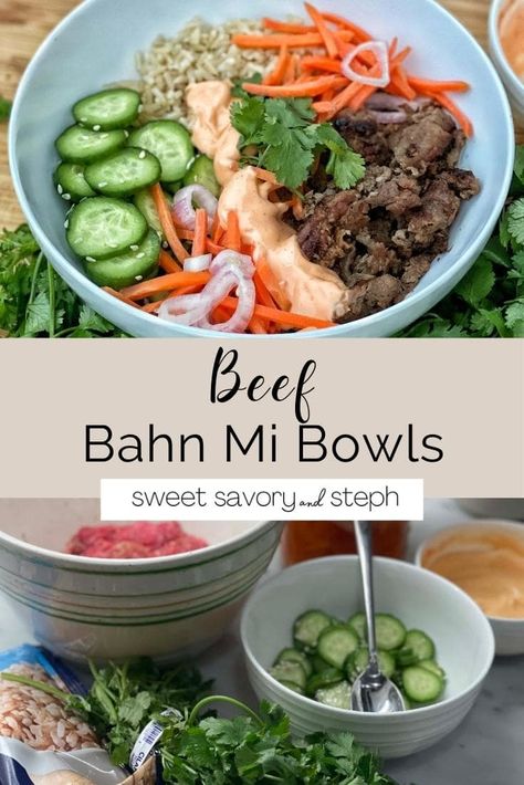 Ground Beef Bahn Mi Bowl, Beef Bahn Mi Bowl, Bahn Mi Bowls, Shaved Pork Recipes, Beef Bahn Mi, Bahn Mi Bowl, Rad Diet, Shaved Beef Recipes, Beef Banh Mi