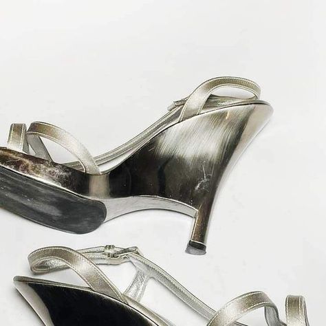 Miu Miu, Prada & More on Instagram: "Prada SS1998 Metallic Acrylic Heels One of the most iconic heels from 90s Prada! Silver-grey satin finish, with metallic acrylic sculpted heels. Miuccia Prada take the accessories this season to another experimental level, the material choice and combinations are epic, it’s a fantasy we’re all asking for. I’ve included the campaign photos, also a video introduction from Miuccia herself. Size 36.5 IT Incredible condition, 8/10 World wide shipping DM to purchase" Iconic Heels, Acrylic Heels, 90s Prada, Video Introduction, Satin Heels, Miuccia Prada, Silver Shoes, Prada Shoes, Satin Finish