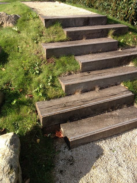 Outdoor Wood Steps On A Slope, Sleeper Steps Garden, Garden Steps On A Slope, Landscaping Stairs, Sleeper Steps, Natural Steps, Steep Gardens, Sloped Backyard Landscaping, Landscape Stairs