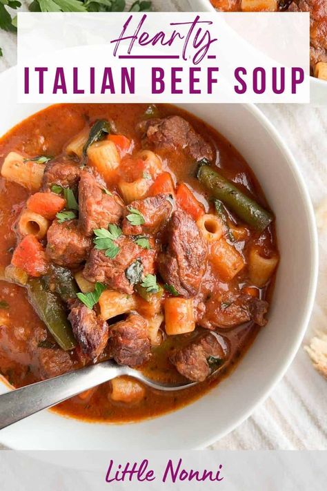 Italian Beef Soup Italian Beef Soup, Italian Soup Recipes, Comfort Pasta, Comforting Dinner, Rustic Recipes, Italian Comfort Food, Comforting Soup, Italian Herbs, Flavorful Vegetables