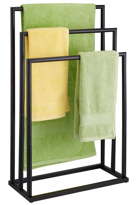 PRICES MAY VARY. WATERPROOF & RUST-RESISTANT - Towel rack stand is construted of premium grade stainless steel with black coating, it can endure the moisture and corrosion in your bathroom, so it will last much more longer. 3 TIER BATHROOM TOWEL RACK - Towel holder features 3 independent bars that range in height from the tallest in the back to the shortest in the front. Also fits bath towel and hand towel. SPACE SAVING TOWEL RACKS - The distance between 2 bars is 2.2 Inches. Hang your wet and d Hanging Wet Towels In Bathroom, Wet Towel Hanging Ideas, Bathroom Towel Hanging Ideas, Bathroom Towel Hanging, Towel Hanging Ideas, Towel Holder Ideas, Towel Racks For Bathroom, Standing Towel Rack, Freestanding Bathroom Storage