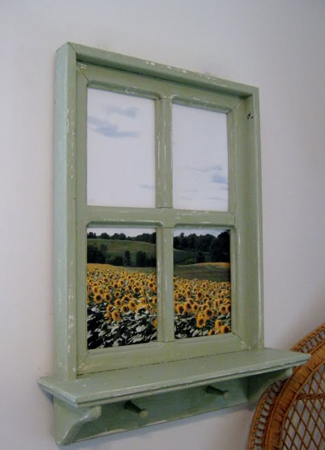 Shabby Chic Hand Crafted Faux Window Picture Frame 20" x 26" with a 4" shelf and 2 wood pegs.  Photo was taken in Upstate Ny    (Your photos or ours)    $64.99 Photo Frame Tree, Window Frame Picture, Fake Window, Window Crafts, Faux Window, Diy Photo Frames, Photo Frame Design, Diy Magazine, Rustic Kitchen Decor