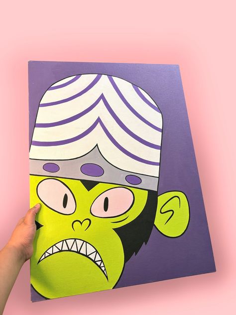 Mojo Jojo Painting, Frankenstein Canvas Painting, Cartoon Paintings Easy, Cartoon Paintings, Art Mini Toile, Mojo Jojo, Acrylic Canvas Painting, Color Drawing Art, Art Sketches Doodles