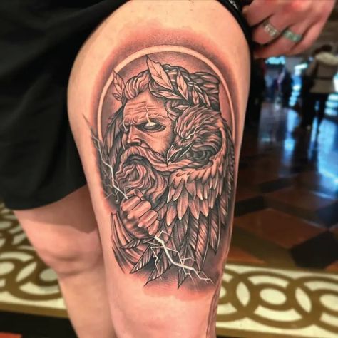 Black & Grey Zeus Poseidon Greek God Mythology Tattoo Idea & Design on Thigh Zeus Poseidon Greek God Tattoo Done At Zeus Tattoo Design Ideas, Greek God Mythology, God Mythology, Greek God Tattoo, Zeus Tattoo, God Tattoo, Greek Mythology Gods, God Tattoos, Mythology Tattoos