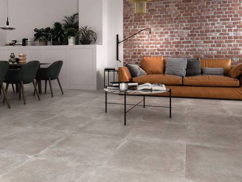 Cement-Look Tile for Different Styles Tiles Living Room, Gray Porcelain Tile, Latest Interior Design Trends, Living Room Tiles, Concrete Look Tile, Large Format Tile, Cement Floor, Grey Tiles, Concrete Tiles