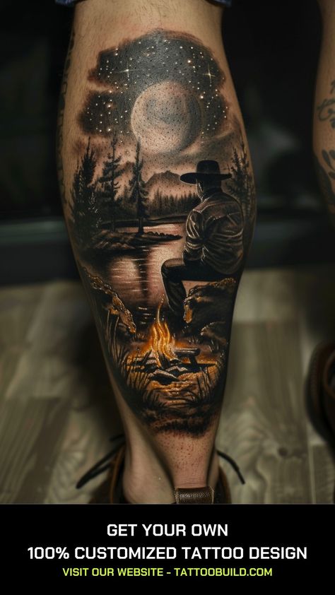 Cowboy Tattoo Ideas: 40 Best designs - Tattoo Build Realistic Hunting Tattoo, Windmill Tattoo Design, Campfire Tattoo Ideas, Western Outlaw Tattoo, Country Style Tattoos For Men, Cowboys And Indians Tattoo, Duck Hunting Tattoos For Guys, Outdoor Tattoo Ideas, Cowboy Tattoo Ideas