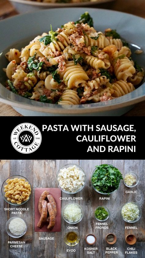 Pasta with Sausage, Cauliflower and Rapini Fennel Sausage Pasta, Rapini Recipes, Sausage Cauliflower, Sausage Parmesan, Oven Roasted Cauliflower, Muffins Easy, Pasta With Sausage, Fennel Sausage, Cheap Easy Meals