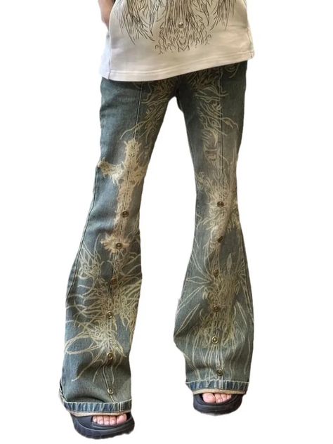 American Wash Old Big Print Micro Flare Jeans Female Retro Spice Beaded Slim Straight Pants High Flared Jeans Western Outfit, Fairy Grunge Bottoms, Narrow Hips Outfits, Grunge Bottoms, Y2k Prints, Y2k Grunge Outfits, Western Y2k, The 90s Fashion, Jeans Female