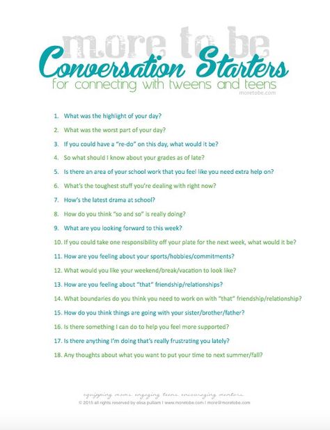 Conversation Starters -- FREE DOWNLOAD -- great for using with tweens and teens and twenty-somethings. Mentor And Mentee Activities, Mentor Mentee Activities, Counseling Teens, Therapeutic Activities, Counseling Activities, Icebreakers, Family Therapy, Group Therapy, Therapy Tools