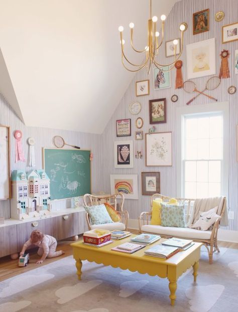 Shared Playroom, Vintage Playroom, Loft Playroom, Lay Baby Lay, Playroom Inspiration, Ikea Outdoor, Pitched Ceiling, Girls Playroom, Striped Wallpaper