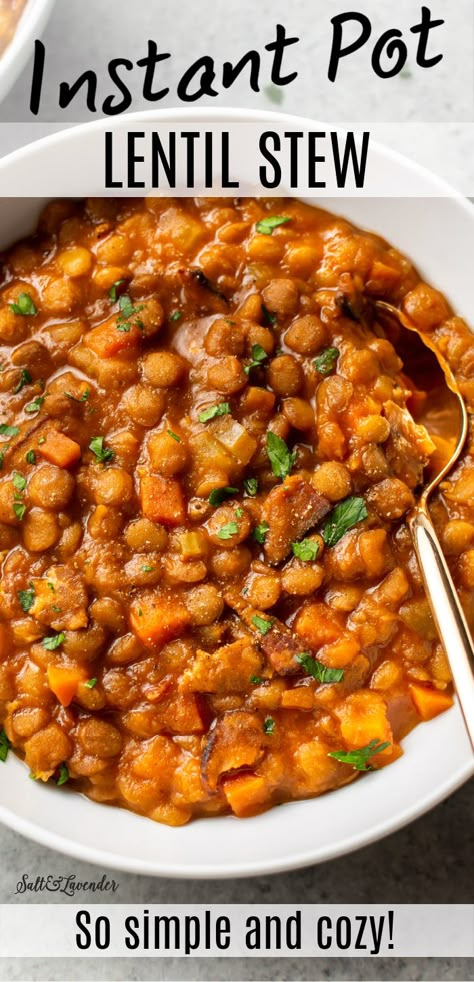 This easy Instant Pot lentil stew recipe is hearty, comforting, and so simple to make in your electric pressure cooker. It uses everyday ingredients and is and loaded with bacon! Beef Lentil Stew, Pressure Cooker Lentils, Lentil Chili Recipe, Lentils Instant Pot, Lentil Stew Recipes, Instant Pot Stew, Lentil Recipes Healthy, Red Lentil Recipes, Pressure Cooking Recipes