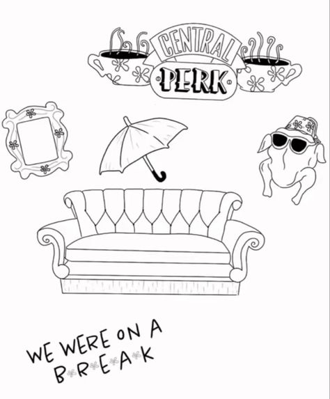 Friends Couch Tattoo, Friends Show Drawings, Friends Coloring Pages Tv Show, F R I E N D S Tattoo, Friends Minimalist Drawing, Central Perk Drawing, Friends Series Drawing, Friends Drawing Tv Show, Tattoo Friends Serie