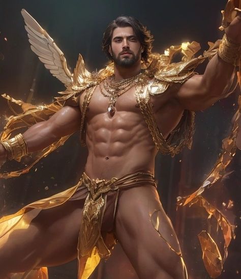 The Golden Guardian God Body Men, Gold Powers, Superhero Man, Egyptian Men, Male Pinup, Male Angel, Mythical Creatures Fantasy, Monster Boy, Divine Masculine