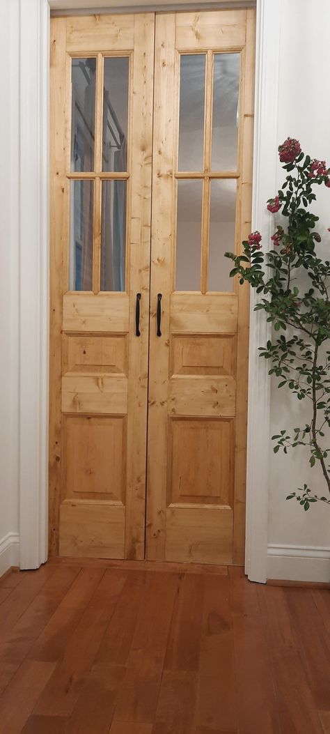 Narrow Double Pocket Doors, Vintage Pocket Door, Antique Pocket Doors, Four Panel Door, Small French Doors, Rustic Villa, Custom French Doors, Pantry Closet Design, Open Pantry