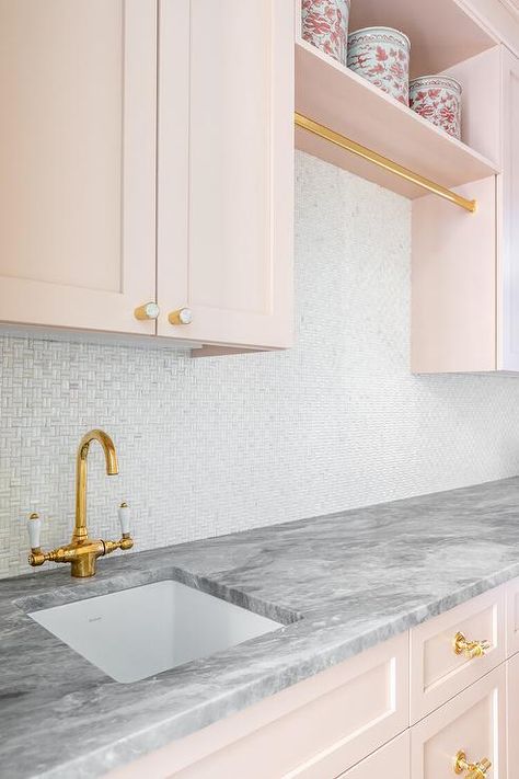 Pink Laundry Room, Black Marble Floor, Contemporary Laundry Room, Pink Laundry, Gray Tile Backsplash, Transitional Laundry Room, Pink Laundry Rooms, Grey Laundry Rooms, Pink Cabinets