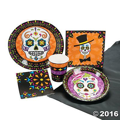 Day of the Dead Party Pack Day Of The Dead Party, Fiesta Theme Party, Sugar Skull Design, Fiesta Theme, Colorful Skulls, Halloween Party Themes, Party Pack, Party Kit, Party Tableware