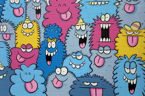 Mural Art Ideas Inspiration, Cartoon Mural Wall Art, Mural Inspiration Street, Colorful Murals Street Artists, House Graffiti Wall Art, Kevin Lyons, Kids Room Deco, Dog Wall Mural Street Art, Graffiti Doodles