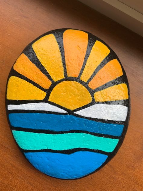 Sunrise Rock Painting Ideas, Outdoor Rock Painting, Sunset Rock Painting Easy, Painted Rock Ideas For Garden, Cute Rocks Painted Ideas, Rock Inspo Painting, Rock Art Ideas Painted, Colorful Rock Painting, Painting Ideas For Rocks