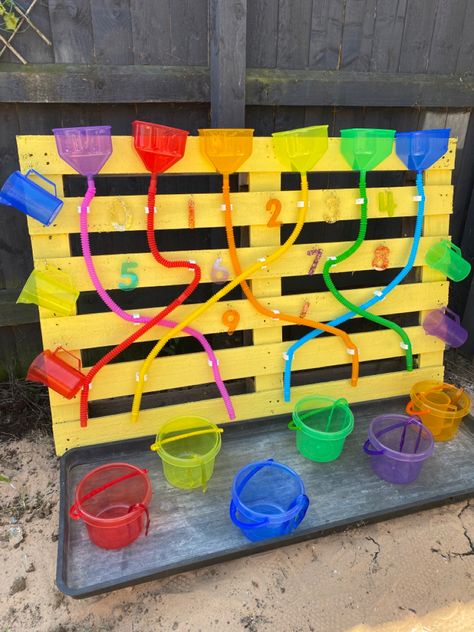 Pallet Water Wall Kids, Pallet Water Wall, Water Wall Eyfs, Water Wall Kids, Diy Water Wall For Kids, Outdoor Sensory Wall, Diy Water Play, Daycare Outdoor Play Area, Diy Playground Ideas