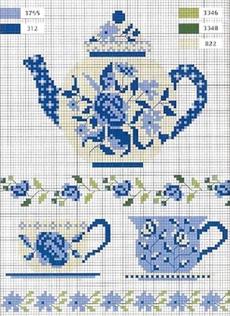 I love it, I love it. I love it, I love it!!! cross stitch chart in Blue  White...with a smidgen of green... Embroidery Patterns Cross Stitch, Flowers Tea, Cross Stitch Kitchen, Stitch Flowers, Cross Stitch Love, Cross Stitch Borders, Crochet Cross, Free Cross Stitch, A Cross