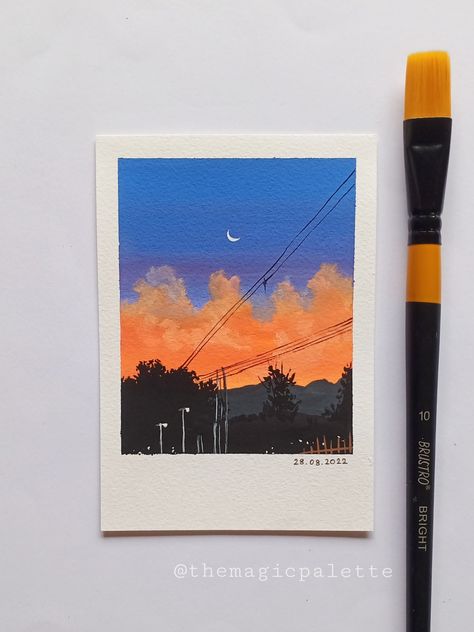 Sunset 🌄 Guache Sunset Painting, Simple Gauche Painting, Sunset Gouache Painting, City Sunset Painting, Postcard Design Inspiration, Polaroid Painting, Sunset Drawing, Sky Art Painting, Small Canvas Paintings