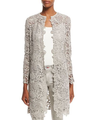 B31CG Ralph Lauren Black Label Thora Lace Open-Front Long Coat, Pebble Gray Long Gray Coat, Long Lace Jacket, Renda Kebaya, Lace Jacket Dress, Mother Of The Bride Suits, Long Grey Coat, Lace Outer, Lace Coat, Gray Coat