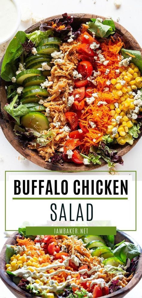 Buffalo Chicken Salad is a healthy spring recipe! Juicy shredded buffalo chicken is piled over a bed of crisp and fresh vegetables, all covered in a homemade ranch dressing and topped with blue cheese crumbles. A spring season food packed with flavor! Save this and try it! Salad With Buffalo Chicken, Salad Recipes Pear, Pear Pasta, Winter Panzanella Salad, Winter Panzanella, Spring Mix Salad Recipes, Gina Livy, Salad Board, Best Tuna Salad Recipe