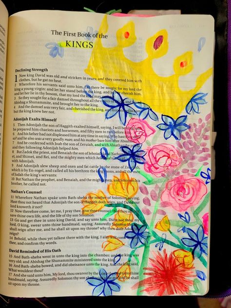 Watercolor Bible art: 1 Kings 🤴 2 Kings Bible Journaling, Bible Margin Art, Hand Painted Kjv Bible, Isaiah 9:6 Bible Journaling, Hebrews 4:12 Journaling, 1 Kings, King David, The 3 Kings, Bible Art