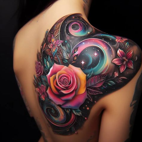 I will create sleeve tattoo design in geometric style for you, #style, #geometric, #design, #ad Stars Half Sleeve Tattoo, Black Tattoo With Pop Of Color, Tattoo Cover Up Before And After, Bright Colorful Tattoos, Galaxy Tattoo Sleeve, Cover Tattoos, Cover Up Tattoos For Women, Arm Sleeve Tattoos For Women, Colorful Tattoo