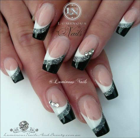 Black And White Nail Designs, Silver Nail Designs, Black White Nails, Luminous Nails, White And Silver Nails, Black Acrylic Nails, Black Nail Art, Black Nail Designs, White Nail Designs